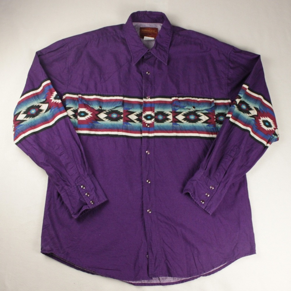 Rustler Western Shirt Aztec Southwestern Purple Snap Button Cowboy Large